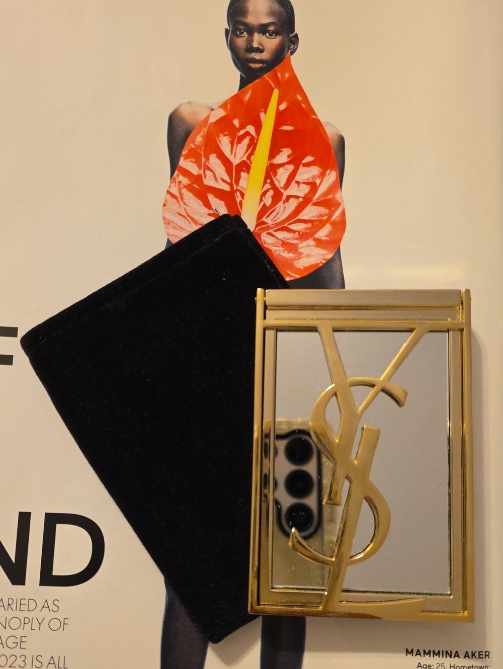 Yves Saint Laurent 80's Gold Logo Mirrored Compact with Black Velvet Pouch, GWP